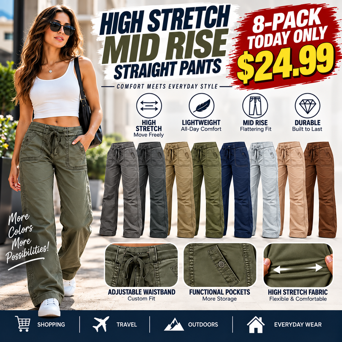 🔥 BESTSELLER | 8PCS $24.99 | Women's High Stretch Mid Rise Straight Pa ...